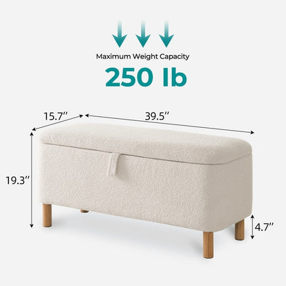 Tabouret de rangement en bouclé blanc cassé 39,5 pouces, pouf de rangement en sherpa, repose-pieds, pour salon, chambre à coucher, avec pieds en bois.