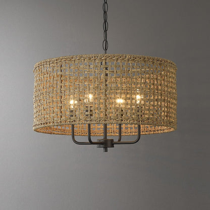 Luminaire à 4 lumières en forme de tambour bohémien tissé à la main - Paille - 50,8 cm de largeur