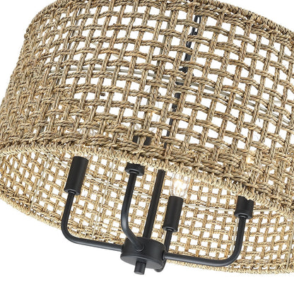 Luminaire à 4 lumières en forme de tambour bohémien tissé à la main - Paille - 50,8 cm de largeur