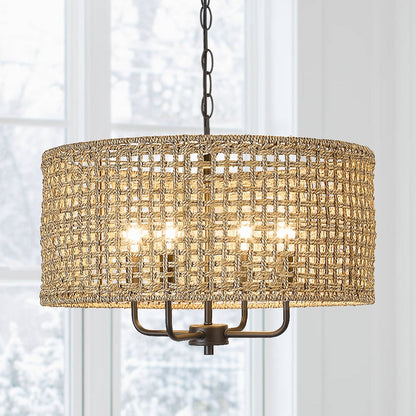 Luminaire à 4 lumières en forme de tambour bohémien tissé à la main - Paille - 50,8 cm de largeur