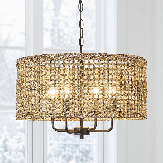 Luminaire à 4 lumières en forme de tambour bohémien tissé à la main - Paille - 50,8 cm de largeur