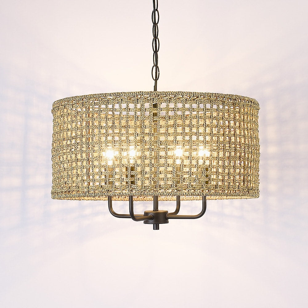 Luminaire à 4 lumières en forme de tambour bohémien tissé à la main - Paille - 50,8 cm de largeur