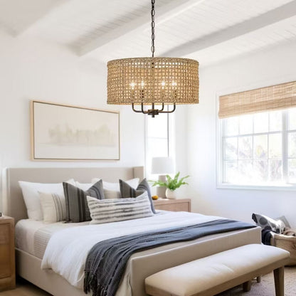 Luminaire à 4 lumières en forme de tambour bohémien tissé à la main - Paille - 50,8 cm de largeur