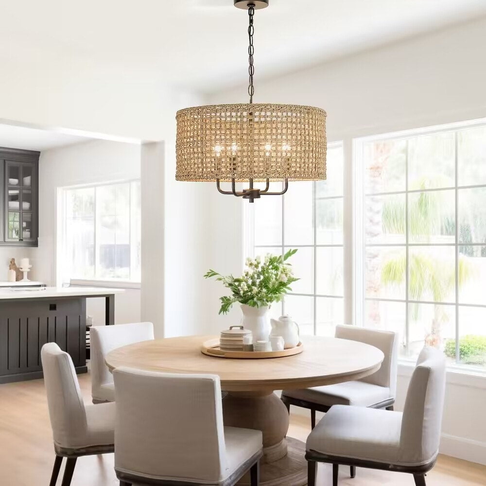 Luminaire à 4 lumières en forme de tambour bohémien tissé à la main - Paille - 50,8 cm de largeur