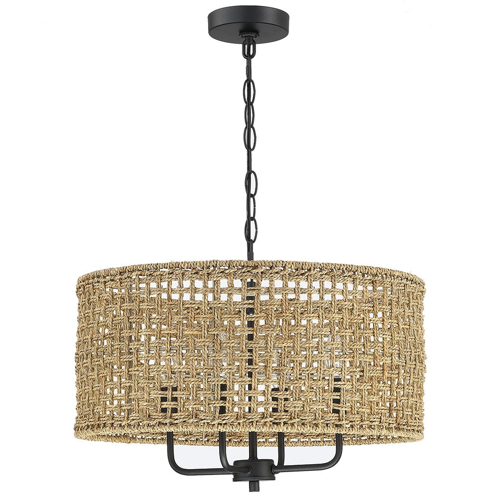 Luminaire à 4 lumières en forme de tambour bohémien tissé à la main - Paille - 50,8 cm de largeur