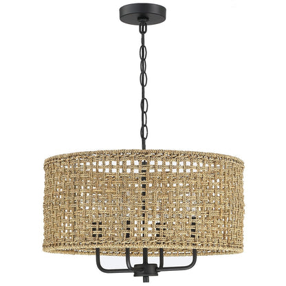 Luminaire à 4 lumières en forme de tambour bohémien tissé à la main - Paille - 50,8 cm de largeur