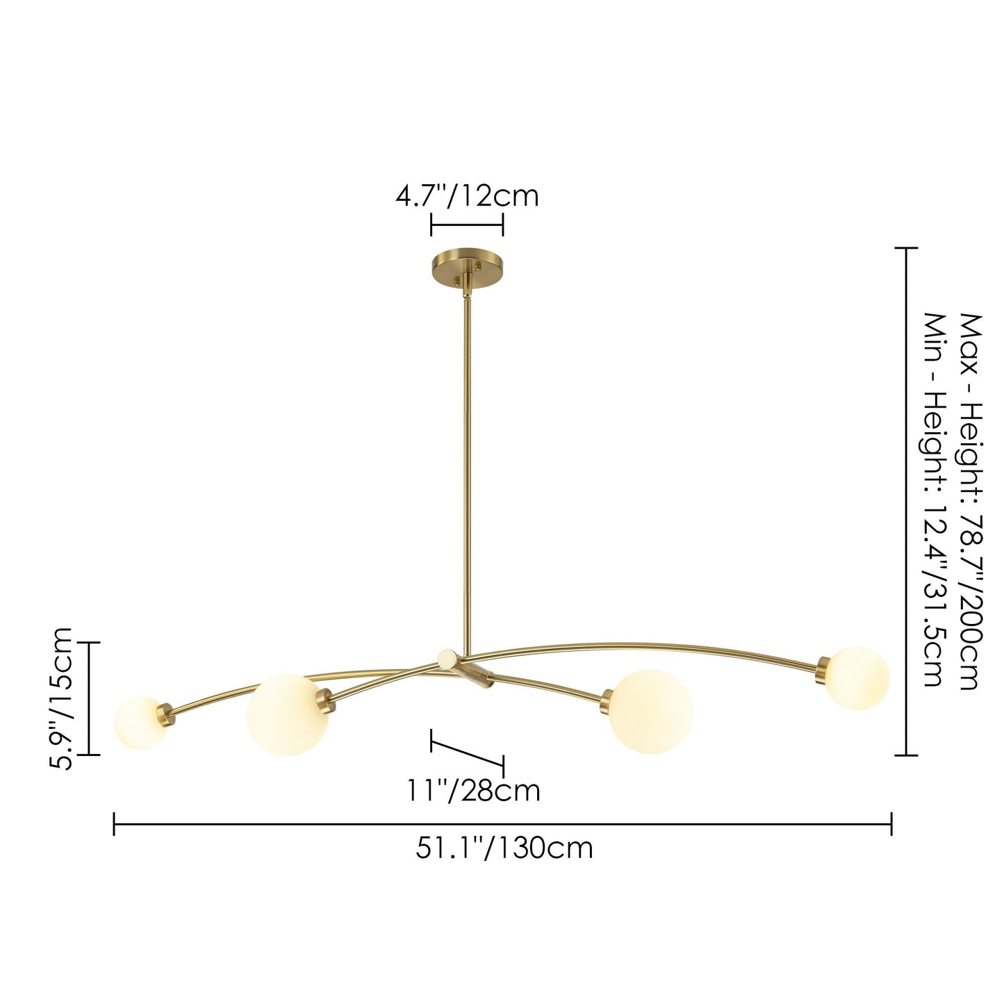 Suspension moderne linéaire simple à 4 lumières, style Sputnik, couleur or, pour îlot de cuisine/salle à manger - 130,5 cm L x 28 cm P x 15 cm H