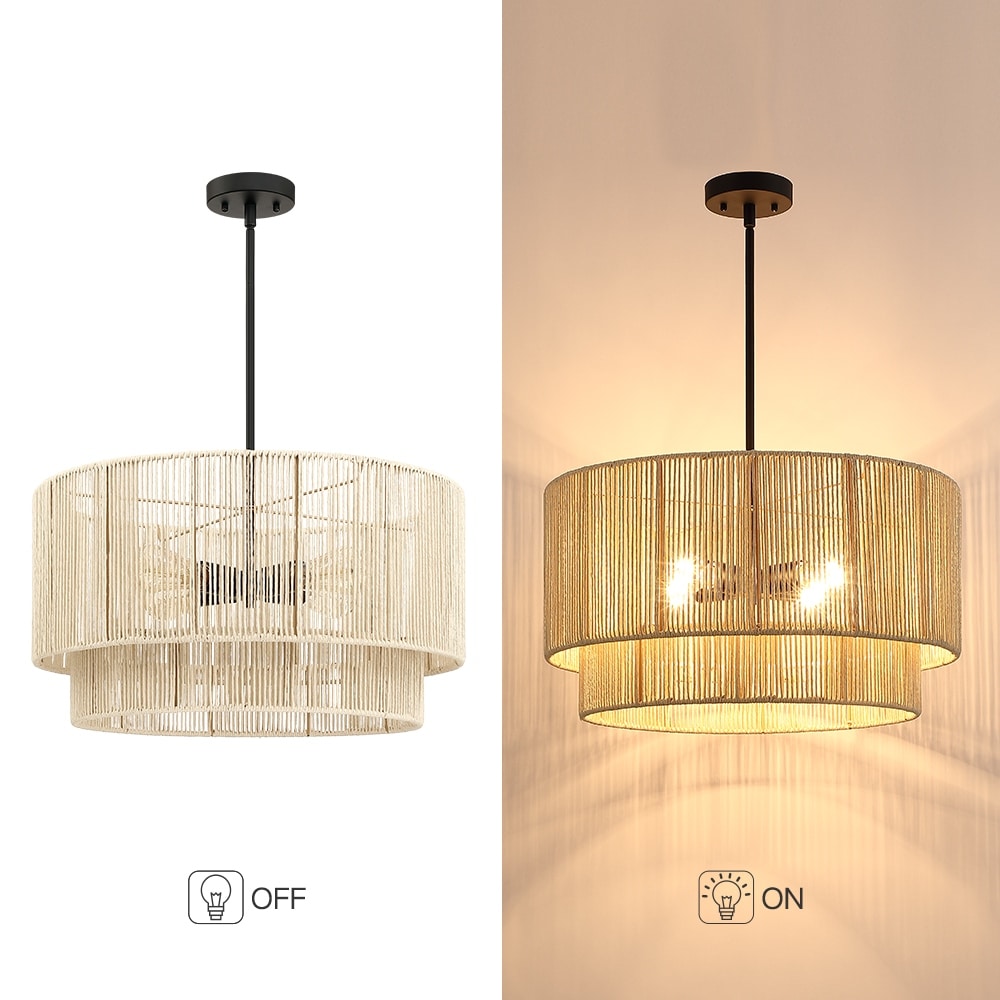 Luminaire suspendu à 4 lumières en rotin à plusieurs niveaux, avec abat-jour noir - 56 cm de largeur