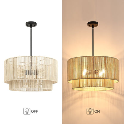 Luminaire suspendu à 4 lumières en rotin à plusieurs niveaux, avec abat-jour noir - 56 cm de largeur