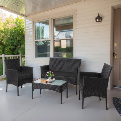 4 Piece Patio Conversation Wicker Furniture Set, Outdoor Rattan Sectional Furniture Set With Cushions