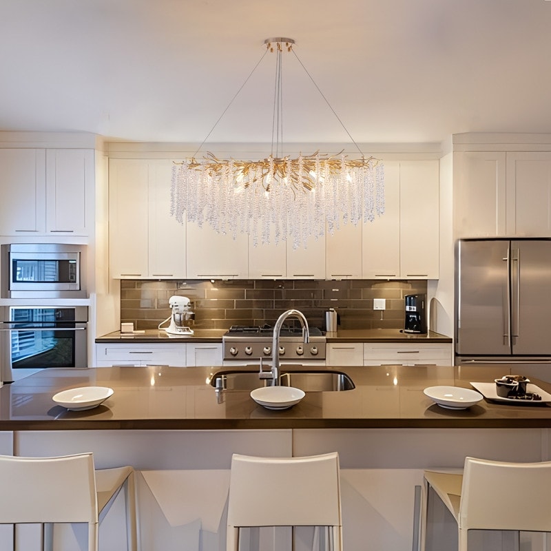 Luminaire rectangulaire moderne en cristal doré, branches d'arbre, 40 po, pour salle à manger, îlot de cuisine, lustre à branches.