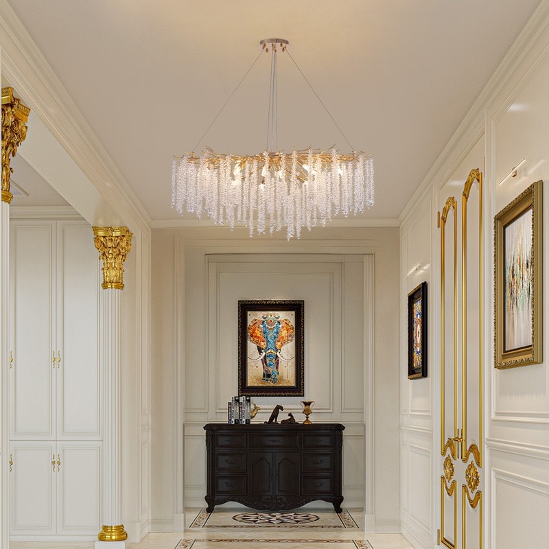 Luminaire rectangulaire moderne en cristal doré, branches d'arbre, 40 po, pour salle à manger, îlot de cuisine, lustre à branches.