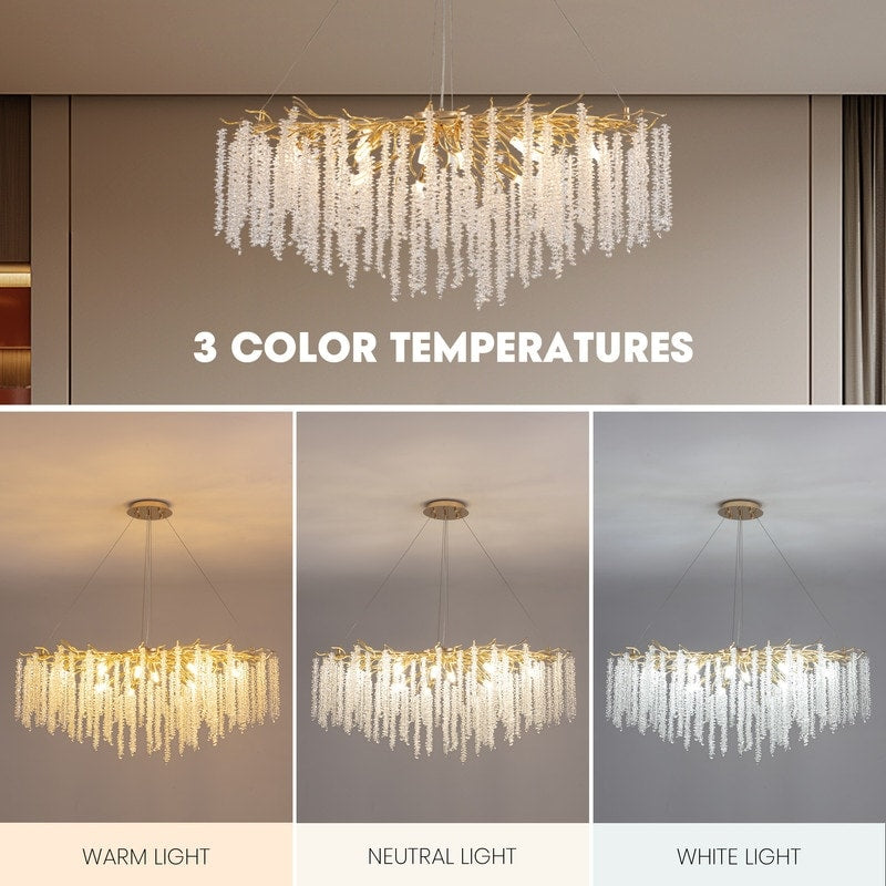 Luminaire rectangulaire moderne en cristal doré, branches d'arbre, 40 po, pour salle à manger, îlot de cuisine, lustre à branches.