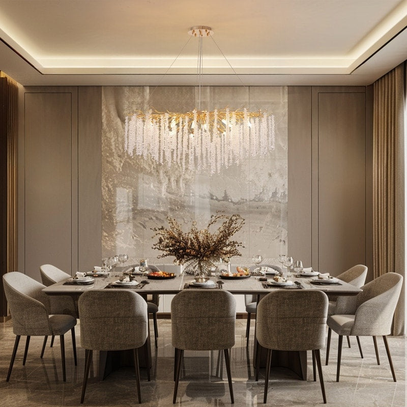 Luminaire rectangulaire moderne en cristal doré, branches d'arbre, 40 po, pour salle à manger, îlot de cuisine, lustre à branches.