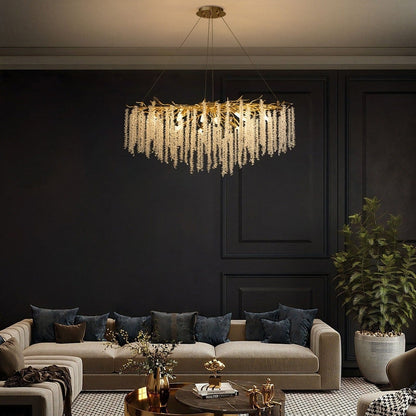 Luminaire rectangulaire moderne en cristal doré, branches d'arbre, 40 po, pour salle à manger, îlot de cuisine, lustre à branches.