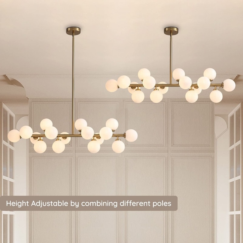 Luminaire suspendu linéaire à 16 lumières, style moderne du milieu du siècle, en laiton doré, avec globe en verre dépoli, 40 po, pour salle à manger.