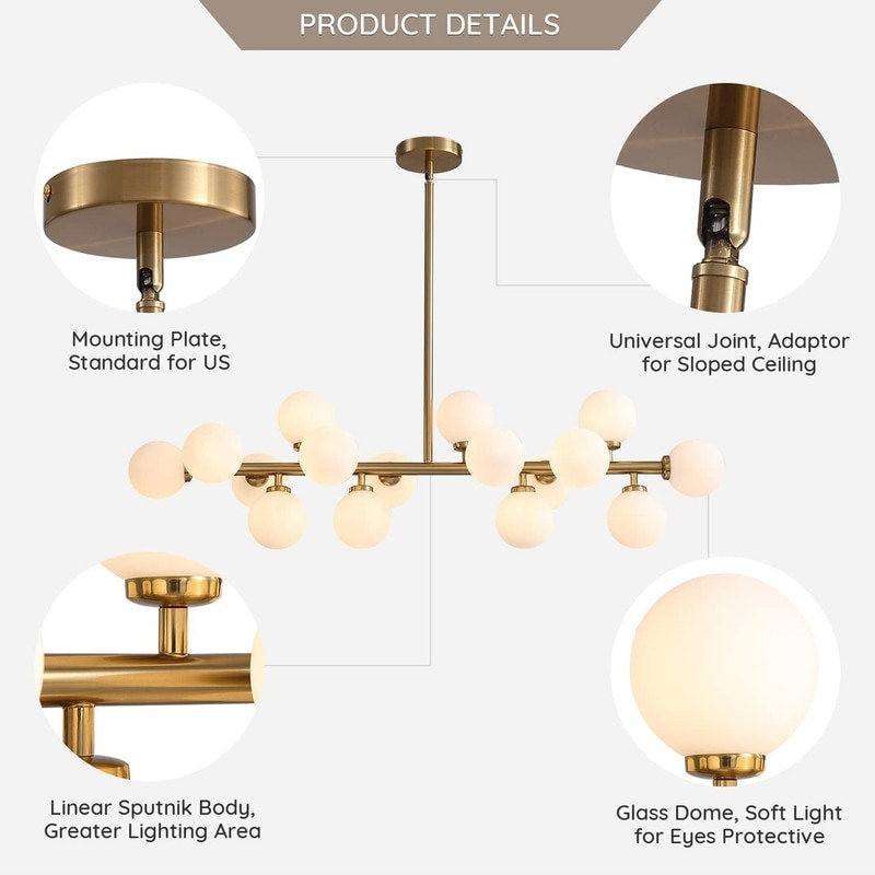 Luminaire suspendu linéaire à 16 lumières, style moderne du milieu du siècle, en laiton doré, avec globe en verre dépoli, 40 po, pour salle à manger.