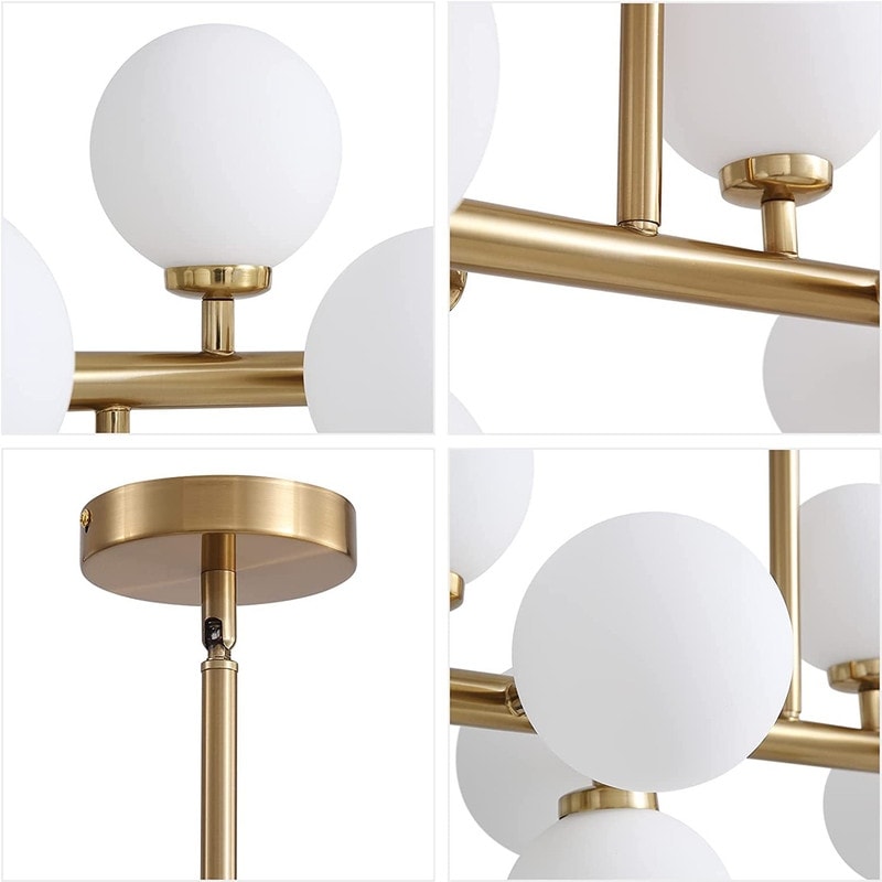 Luminaire suspendu linéaire à 16 lumières, style moderne du milieu du siècle, en laiton doré, avec globe en verre dépoli, 40 po, pour salle à manger.