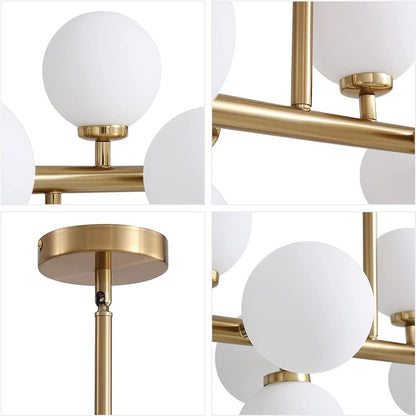 Luminaire suspendu linéaire à 16 lumières, style moderne du milieu du siècle, en laiton doré, avec globe en verre dépoli, 40 po, pour salle à manger.