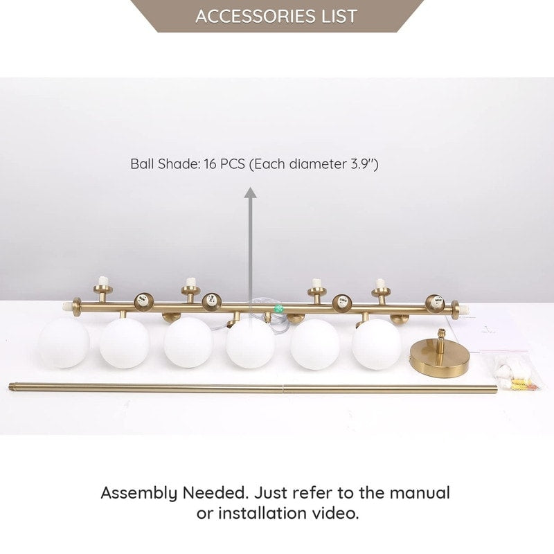 Luminaire suspendu linéaire à 16 lumières, style moderne du milieu du siècle, en laiton doré, avec globe en verre dépoli, 40 po, pour salle à manger.