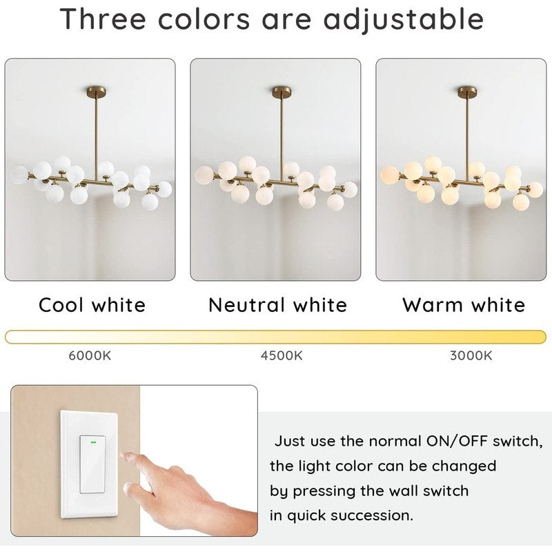 Luminaire suspendu linéaire à 16 lumières, style moderne du milieu du siècle, en laiton doré, avec globe en verre dépoli, 40 po, pour salle à manger.