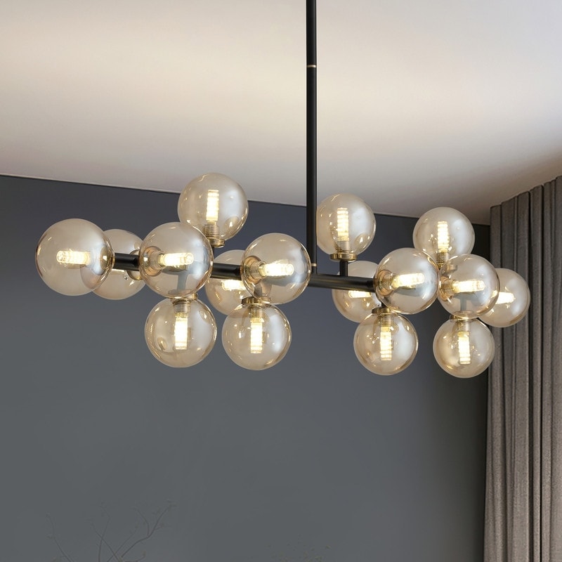 Luminaire suspendu linéaire à 16 lumières, style moderne du milieu du siècle, en laiton doré, avec globe en verre dépoli, 40 po, pour salle à manger.