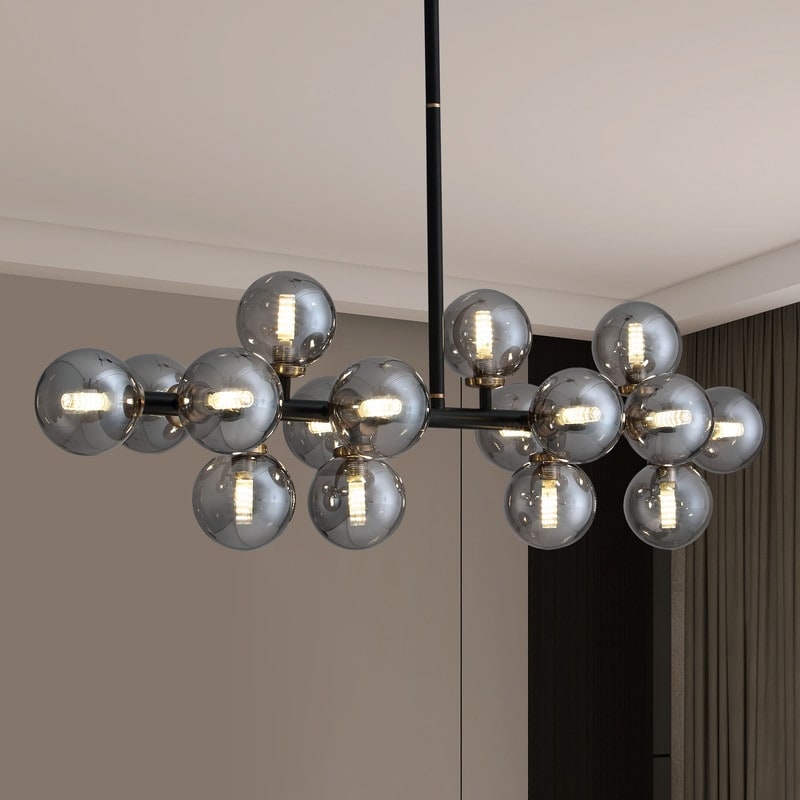 Luminaire suspendu linéaire à 16 lumières, style moderne du milieu du siècle, en laiton doré, avec globe en verre dépoli, 40 po, pour salle à manger.