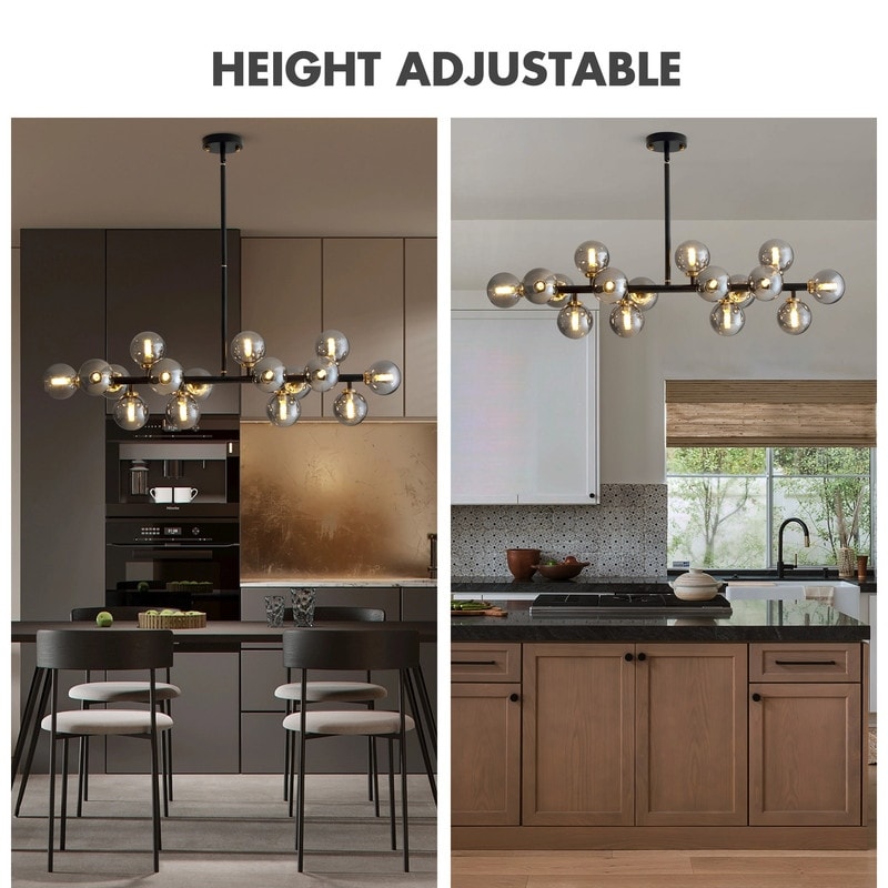 Luminaire suspendu linéaire à 16 lumières, style moderne du milieu du siècle, en laiton doré, avec globe en verre dépoli, 40 po, pour salle à manger.