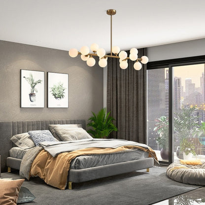 Luminaire suspendu linéaire à 16 lumières, style moderne du milieu du siècle, en laiton doré, avec globe en verre dépoli, 40 po, pour salle à manger.