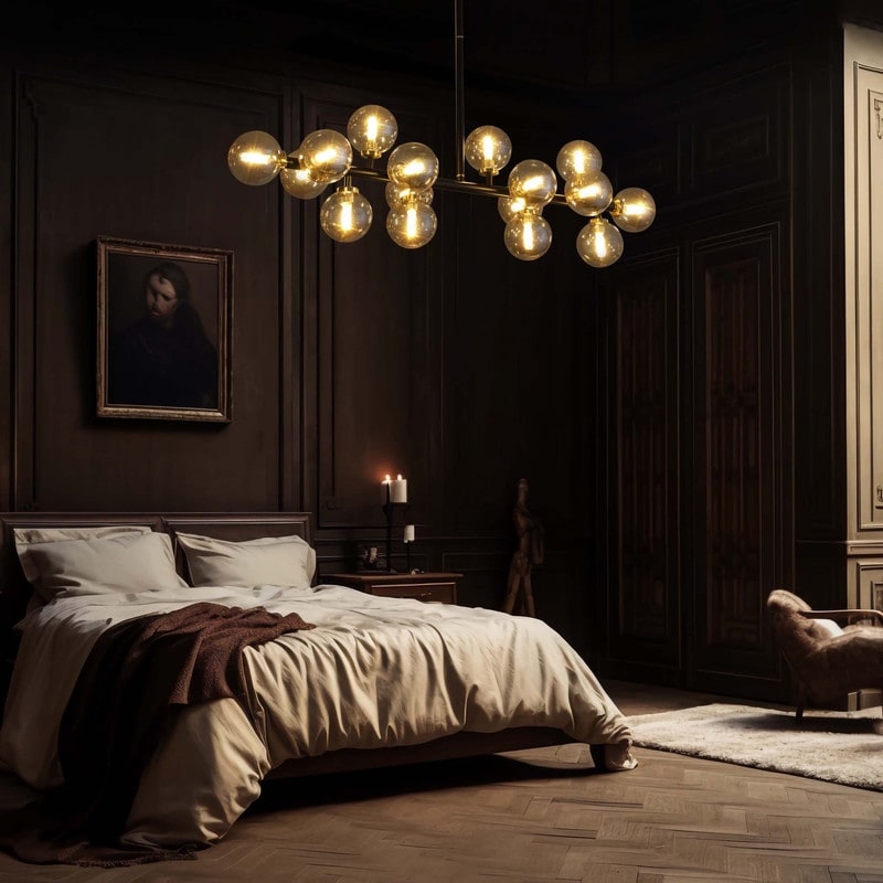 Luminaire suspendu linéaire à 16 lumières, style moderne du milieu du siècle, en laiton doré, avec globe en verre dépoli, 40 po, pour salle à manger.