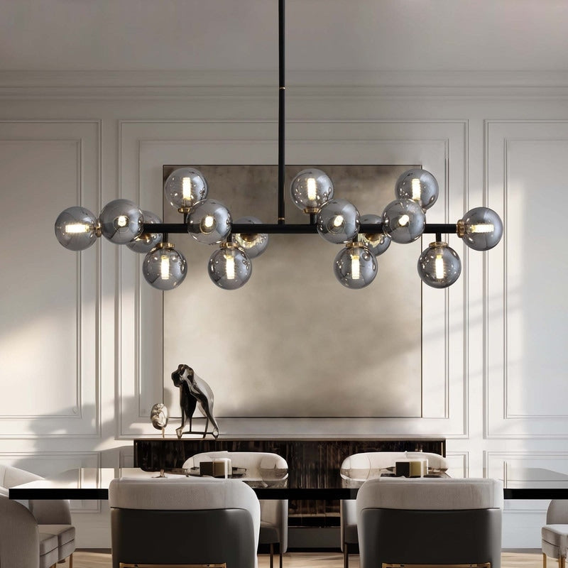 Luminaire suspendu linéaire à 16 lumières, style moderne du milieu du siècle, en laiton doré, avec globe en verre dépoli, 40 po, pour salle à manger.