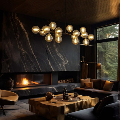 Luminaire suspendu linéaire à 16 lumières, style moderne du milieu du siècle, en laiton doré, avec globe en verre dépoli, 40 po, pour salle à manger.