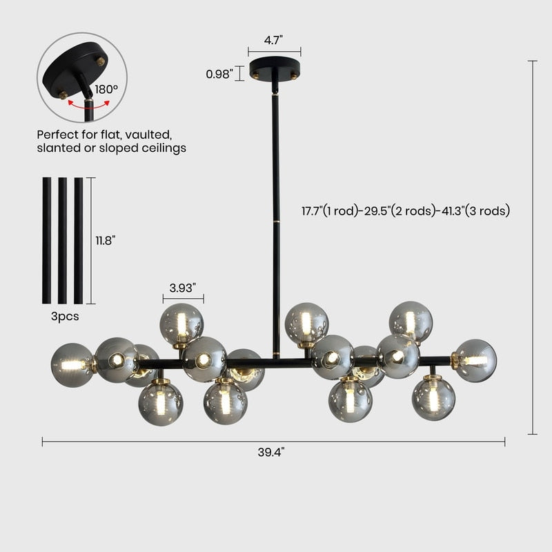 Luminaire suspendu linéaire à 16 lumières, style moderne du milieu du siècle, en laiton doré, avec globe en verre dépoli, 40 po, pour salle à manger.