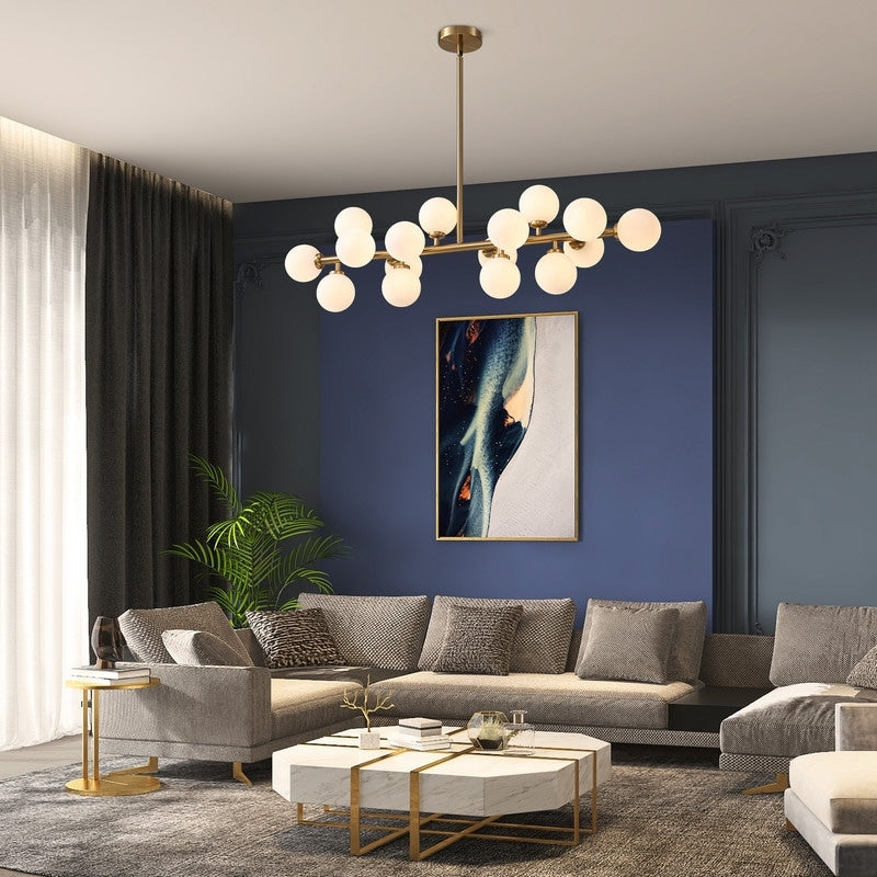 Luminaire suspendu linéaire à 16 lumières, style moderne du milieu du siècle, en laiton doré, avec globe en verre dépoli, 40 po, pour salle à manger.