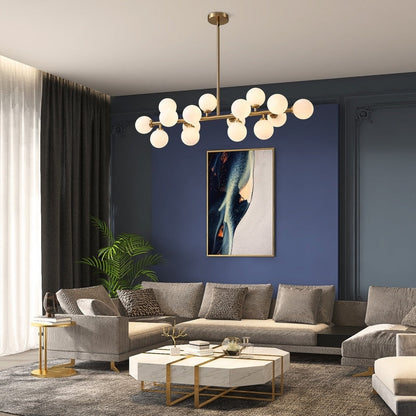 Luminaire suspendu linéaire à 16 lumières, style moderne du milieu du siècle, en laiton doré, avec globe en verre dépoli, 40 po, pour salle à manger.