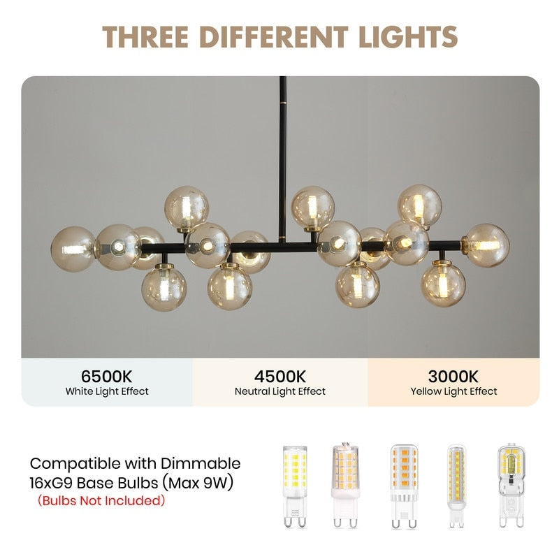Luminaire suspendu linéaire à 16 lumières, style moderne du milieu du siècle, en laiton doré, avec globe en verre dépoli, 40 po, pour salle à manger.