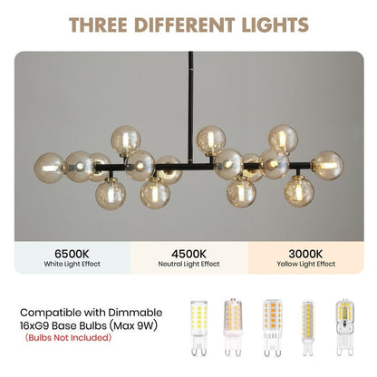 Luminaire suspendu linéaire à 16 lumières, style moderne du milieu du siècle, en laiton doré, avec globe en verre dépoli, 40 po, pour salle à manger.