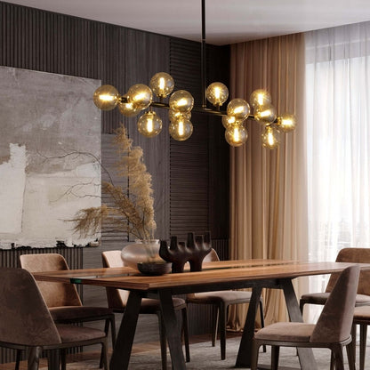 Luminaire suspendu linéaire à 16 lumières, style moderne du milieu du siècle, en laiton doré, avec globe en verre dépoli, 40 po, pour salle à manger.