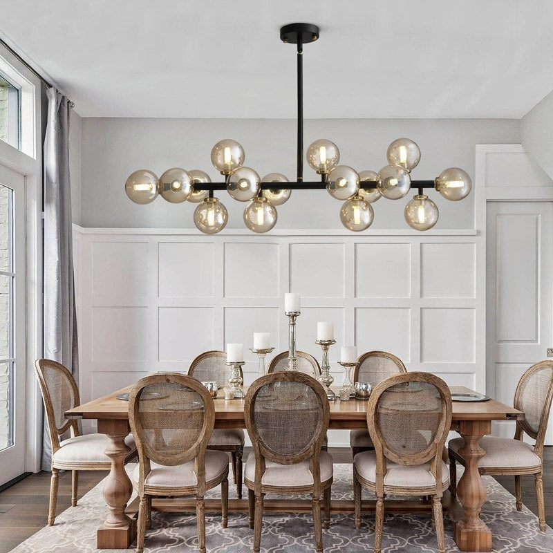 Luminaire suspendu linéaire à 16 lumières, style moderne du milieu du siècle, en laiton doré, avec globe en verre dépoli, 40 po, pour salle à manger.
