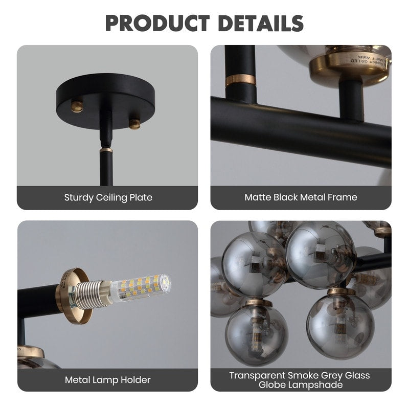 Luminaire suspendu linéaire à 16 lumières, style moderne du milieu du siècle, en laiton doré, avec globe en verre dépoli, 40 po, pour salle à manger.