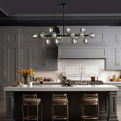 Luminaire suspendu linéaire à 16 lumières, style moderne du milieu du siècle, en laiton doré, avec globe en verre dépoli, 40 po, pour salle à manger.