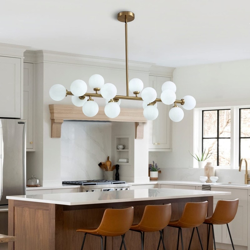 Luminaire suspendu linéaire à 16 lumières, style moderne du milieu du siècle, en laiton doré, avec globe en verre dépoli, 40 po, pour salle à manger.