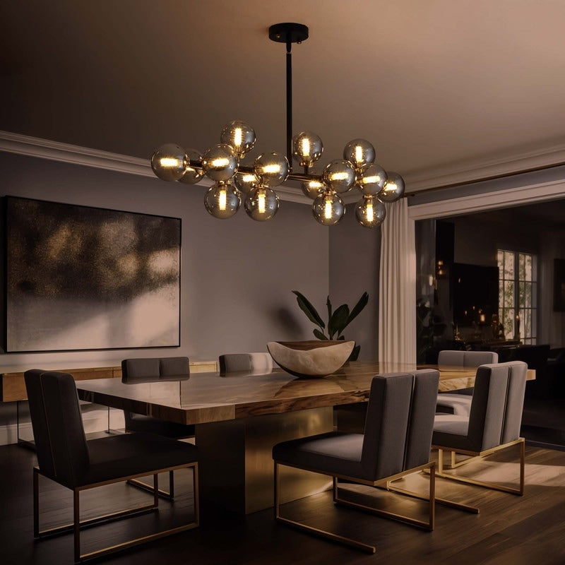 Luminaire suspendu linéaire à 16 lumières, style moderne du milieu du siècle, en laiton doré, avec globe en verre dépoli, 40 po, pour salle à manger.