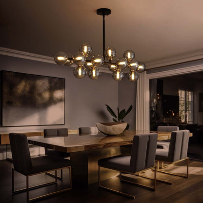 Luminaire suspendu linéaire à 16 lumières, style moderne du milieu du siècle, en laiton doré, avec globe en verre dépoli, 40 po, pour salle à manger.