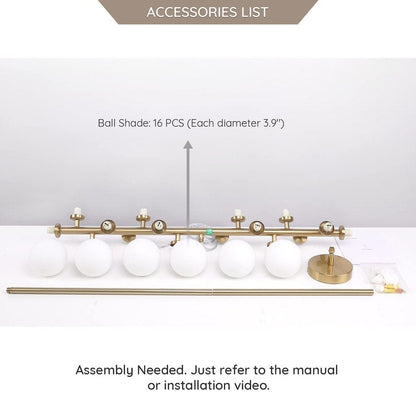 Luminaire suspendu linéaire à 16 lumières, style moderne du milieu du siècle, en laiton doré, avec globe en verre dépoli, 40 po, pour salle à manger.