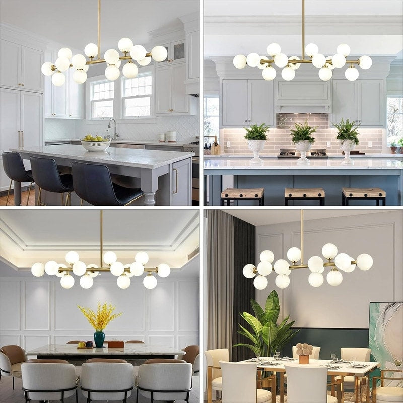 Luminaire suspendu linéaire à 16 lumières, style moderne du milieu du siècle, en laiton doré, avec globe en verre dépoli, 40 po, pour salle à manger.
