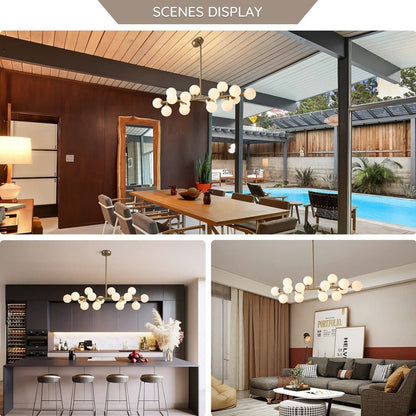 Luminaire suspendu linéaire à 16 lumières, style moderne du milieu du siècle, en laiton doré, avec globe en verre dépoli, 40 po, pour salle à manger.