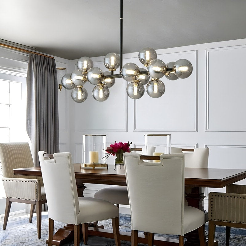 Luminaire suspendu linéaire à 16 lumières, style moderne du milieu du siècle, en laiton doré, avec globe en verre dépoli, 40 po, pour salle à manger.