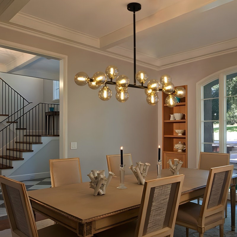 Luminaire suspendu linéaire à 16 lumières, style moderne du milieu du siècle, en laiton doré, avec globe en verre dépoli, 40 po, pour salle à manger.