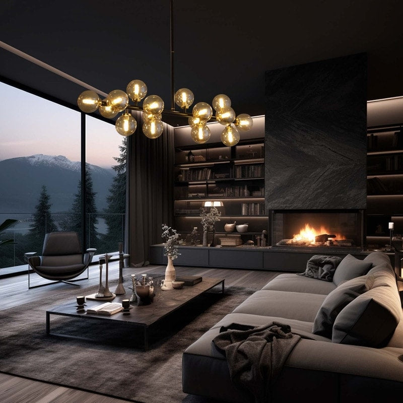 Luminaire suspendu linéaire à 16 lumières, style moderne du milieu du siècle, en laiton doré, avec globe en verre dépoli, 40 po, pour salle à manger.